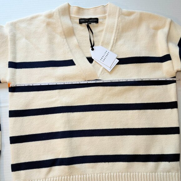English Factory Striped V-Neck Sweater Cream Navy Heavy Knit NWT Size L - Picture 9 of 12